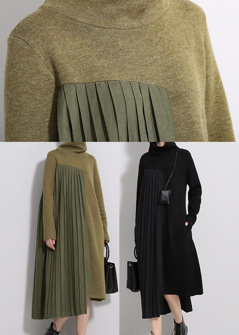 アーミーグリーン シルク切替 パッチワーク 厚手 ニットワンピース 春