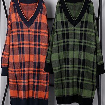 レディース グリーンチェック柄 コットン ロングシャツ(サイドスリット) デイリー Vネック ワンピース