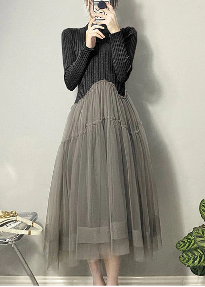 美しい ブラック アシンメトリー チュール パッチワーク ロングワンピース 秋