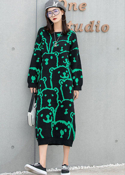 レディース アート風 ブラック Oネック ゆったり ニットワンピース 秋用 ロング丈 長袖