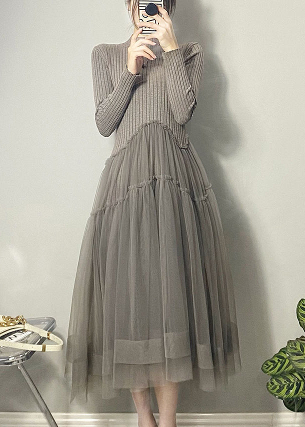 美しい ブラック アシンメトリー チュール パッチワーク ロングワンピース 秋