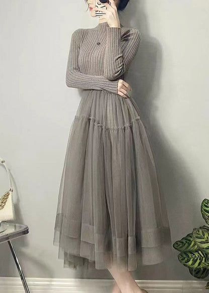 美しい イエロー アシンメトリー チュール パッチワーク ロングワンピース 秋