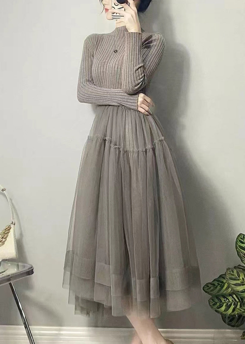 美しい ブラック アシンメトリー チュール パッチワーク ロングワンピース 秋