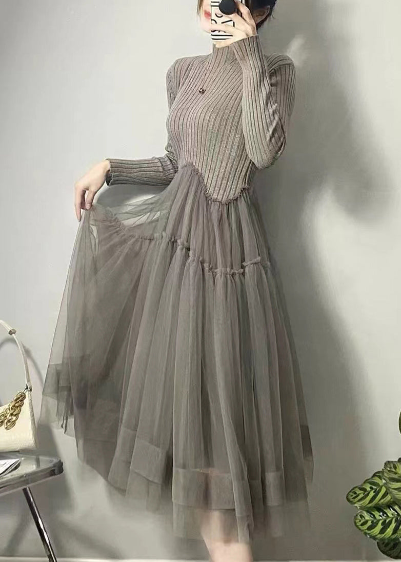 美しい ブラック アシンメトリー チュール パッチワーク ロングワンピース 秋