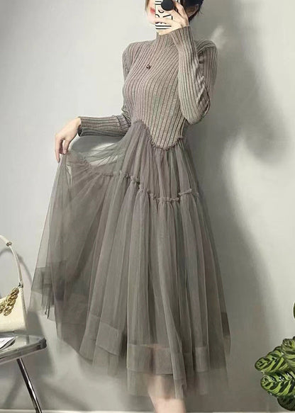 美しい イエロー アシンメトリー チュール パッチワーク ロングワンピース 秋