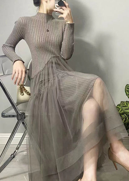 美しい イエロー アシンメトリー チュール パッチワーク ロングワンピース 秋
