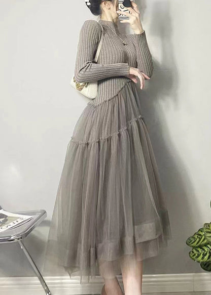 美しい イエロー アシンメトリー チュール パッチワーク ロングワンピース 秋