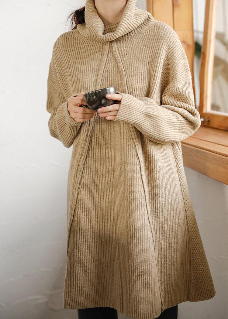コージー ベージュグレー ニットトップス シルエット重視 ハイネック 厚手 オーバーサイズ セーター