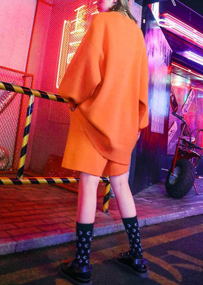 フェミニン系 ファッション 大きいサイズ 細見え ワイドパンツ＋ニットコート オレンジ 2点セット