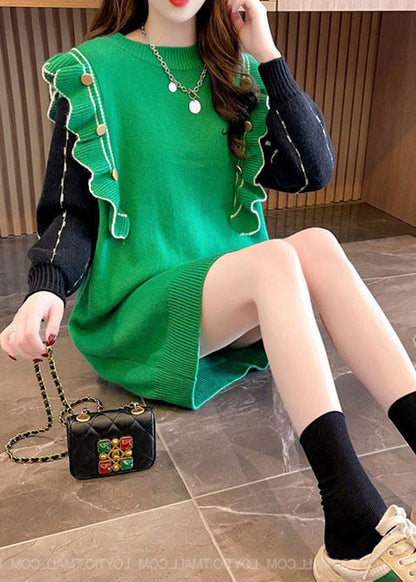 レディース グリーン フィットシルエット フリルプリント カシミヤ混 ロングニットワンピース 冬用
