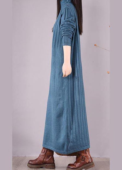 ハンドメイド ブルー ワンピース ハイネック ロング丈 春ワンピース