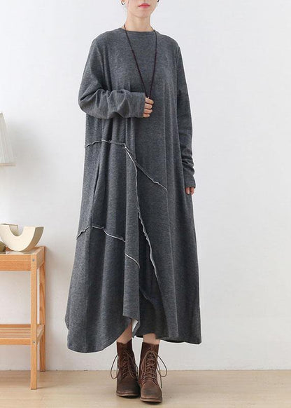 ハンドメイド グレー ゆったり アシンメトリーデザイン 秋 長袖 ホリデー ワンピース
