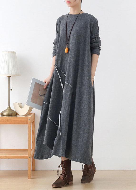 ハンドメイド グレー ゆったり アシンメトリーデザイン 秋 長袖 ホリデー ワンピース