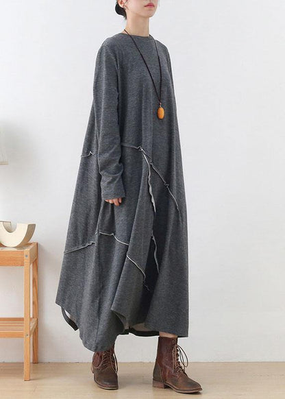 ハンドメイド グレー ゆったり アシンメトリーデザイン 秋 長袖 ホリデー ワンピース