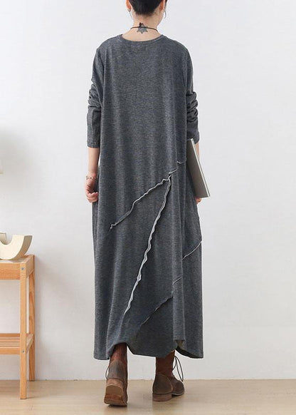 ハンドメイド グレー ゆったり アシンメトリーデザイン 秋 長袖 ホリデー ワンピース