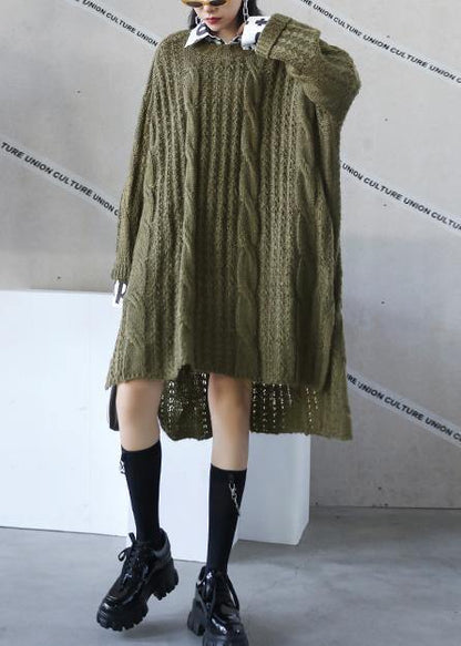 オーバーサイズ グリーン セーターワンピース ストリート系 Oネック 前後差（ロー＆ハイ）デザイン アートニットワンピース