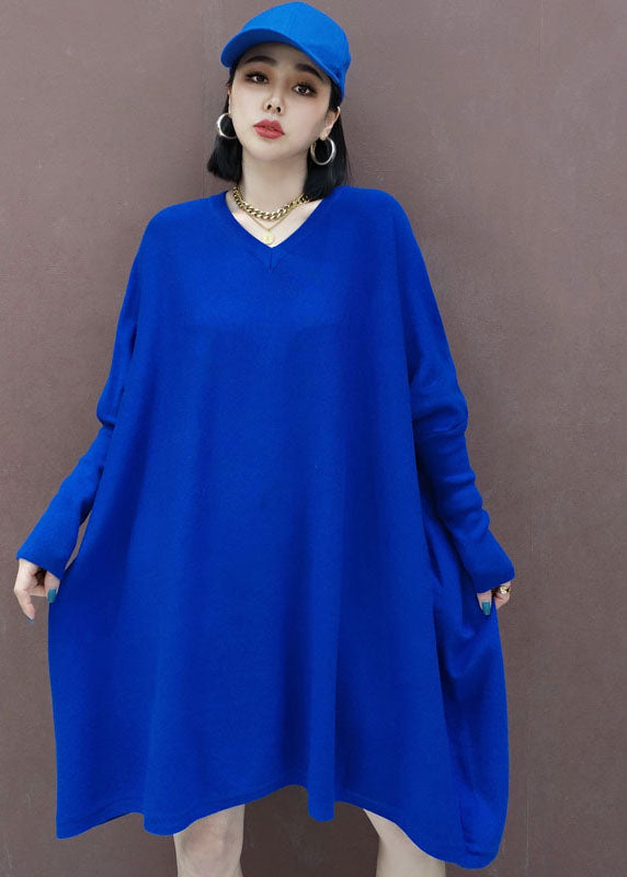 大きいサイズ ブルー ゆったり ニットワンピース 春