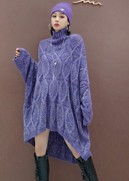 プラスサイズ パープル 前後差デザイン（ロー＆ハイ） ニットロングワンピース 春