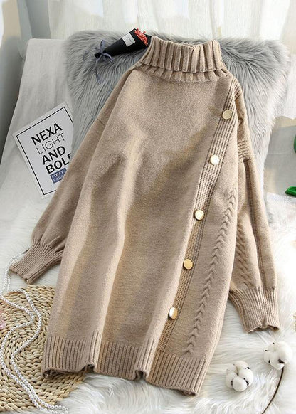 シンプル ベージュ セーターワンピース リメイク風（Refashion） 春用 ラルゴ（ゆったり） ハイネック ニットワンピース