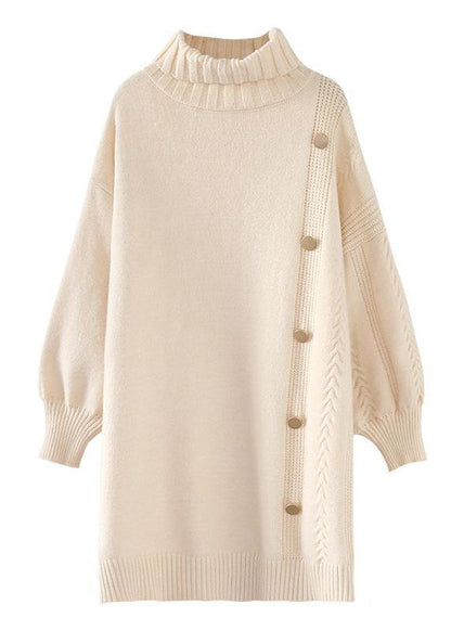 シンプル ベージュ セーターワンピース リメイク風（Refashion） 春用 ラルゴ（ゆったり） ハイネック ニットワンピース