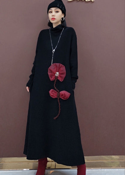 レディース ヴィンテージ風 ブラック タートルネック 花柄 ニットセーターワンピース 春用