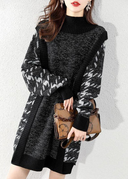 レディース ブラック Oネック パッチワーク ニット セーターワンピース 冬