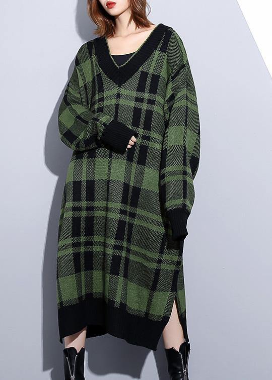 レディース グリーンチェック柄 コットン ロングシャツ（サイドスリット） デイリー Vネック ワンピース
