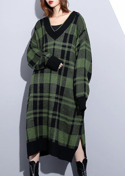 レディース グリーンチェック柄 コットン ロングシャツ（サイドスリット） デイリー Vネック ワンピース