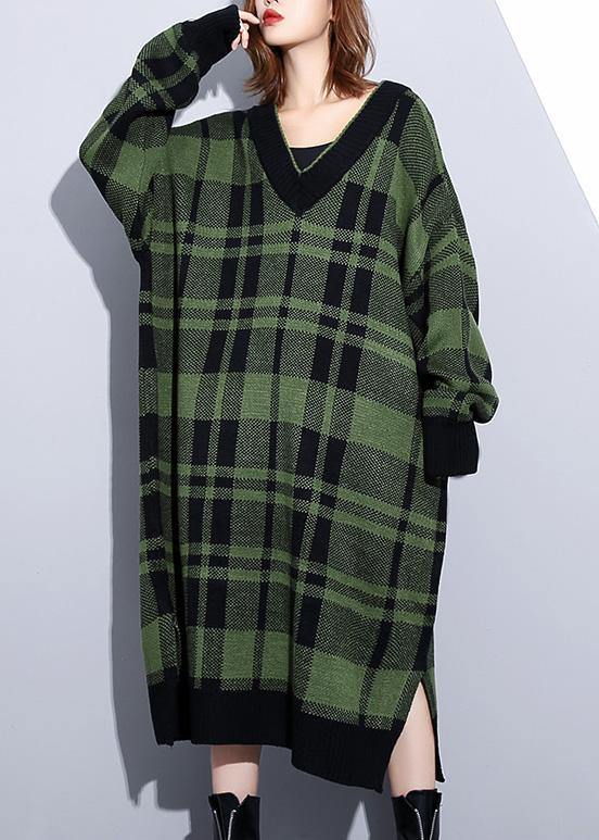 レディース グリーンチェック柄 コットン ロングシャツ（サイドスリット） デイリー Vネック ワンピース