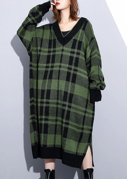 レディース グリーンチェック柄 コットン ロングシャツ（サイドスリット） デイリー Vネック ワンピース