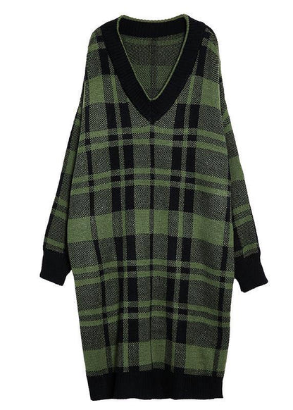 レディース グリーンチェック柄 コットン ロングシャツ（サイドスリット） デイリー Vネック ワンピース