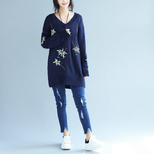 秋 ファッション ブルー 刺繍 ニットワンピース オーバーサイズ ミディロング プルオーバー
