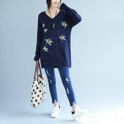 秋 ファッション ブルー 刺繍 ニットワンピース オーバーサイズ ミディロング プルオーバー