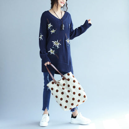 秋 ファッション ブルー 刺繍 ニットワンピース オーバーサイズ ミディロング プルオーバー