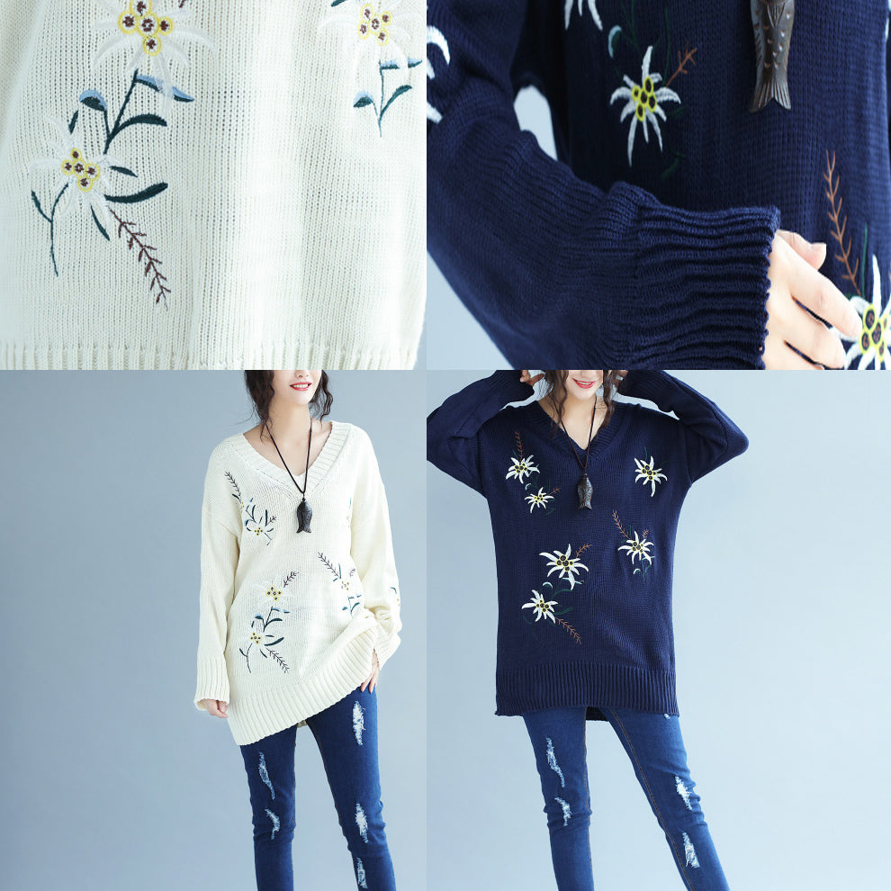 秋 ファッション ブルー 刺繍 ニットワンピース オーバーサイズ ミディロング プルオーバー